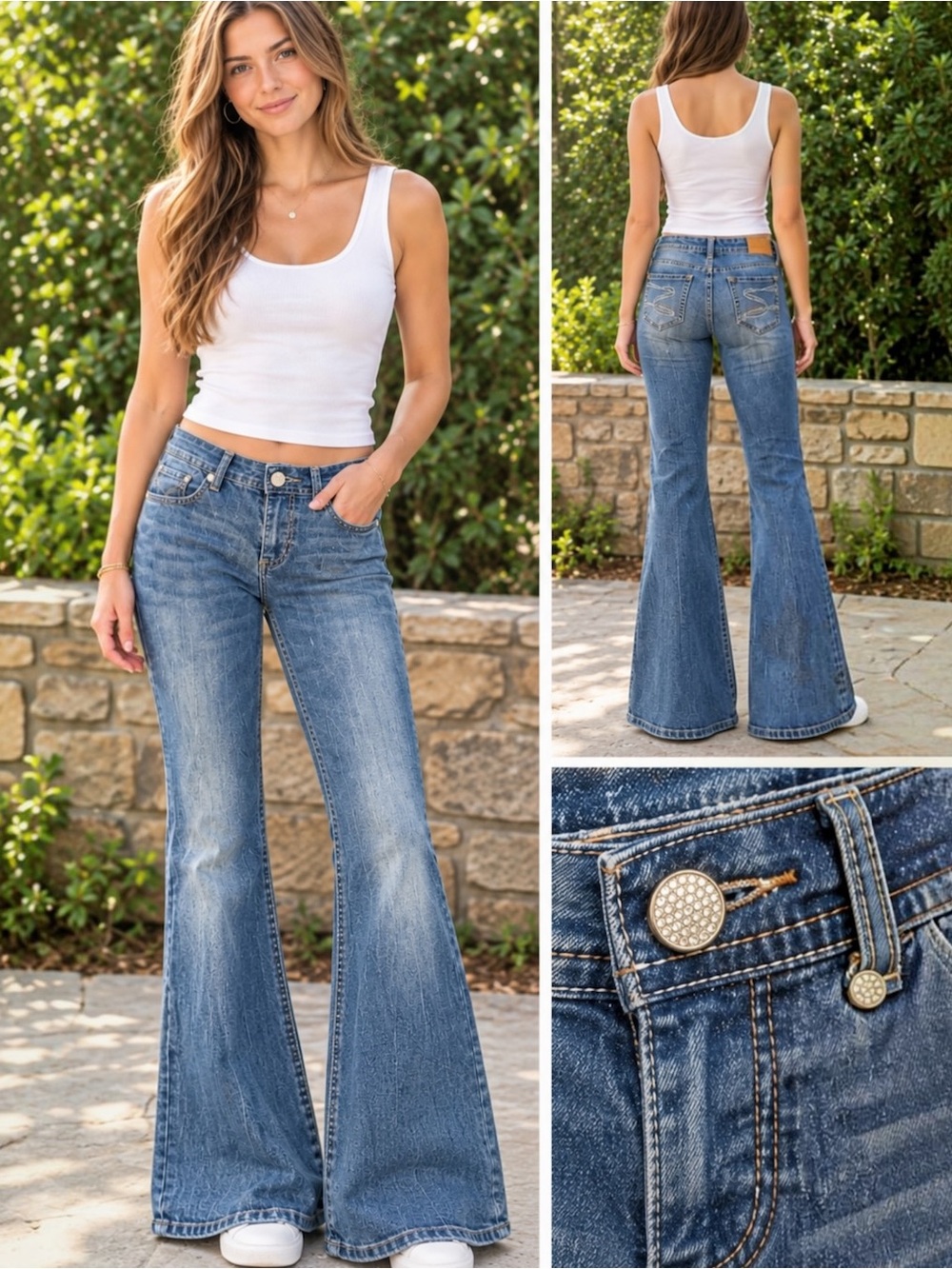 Seven7 Y2K VTG Rhinestone Flare Jeans Size 10 Low Rise Embroidered Pockets